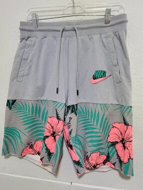 NIKE TROPICAL FLORAL ATHLETIC DRAWSTRING SHORTS MEN'S M GRAY/PINK